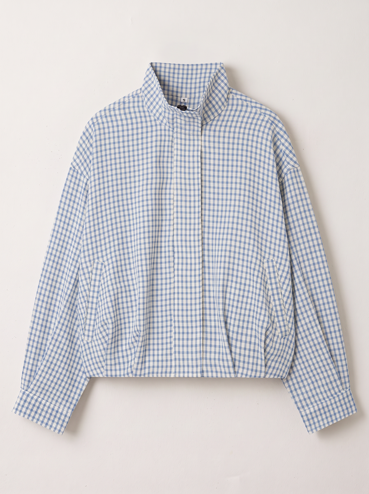 Gingham Cropped Bomber Jacket - Blue - flat lay