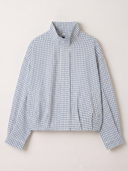 Gingham Cropped Bomber Jacket - Blue - flat lay