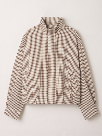 Gingham Cropped Bomber Jacket - Khaki - flat lay