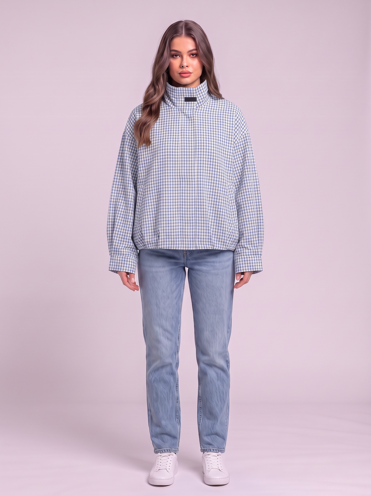 Gingham Cropped Bomber Jacket - Blue