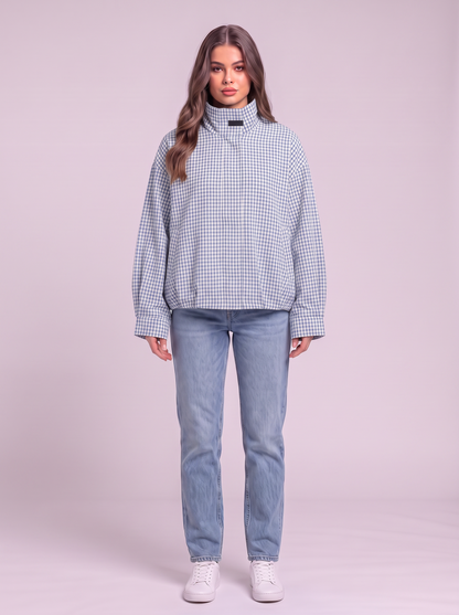 Gingham Cropped Bomber Jacket - Blue