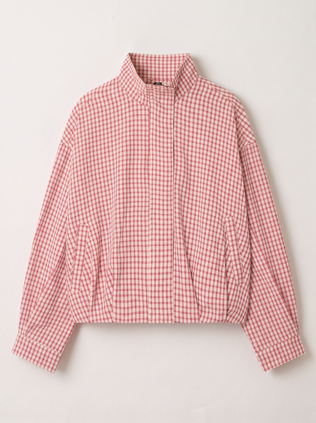 Gingham Cropped Bomber Jacket - Pink - flat lay