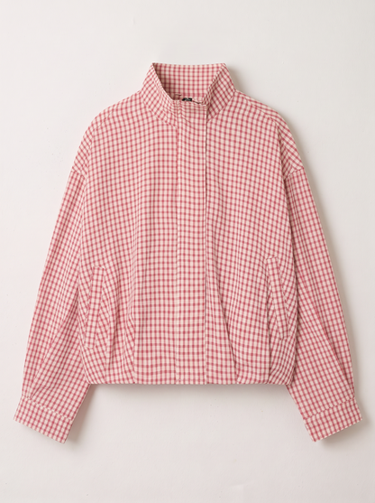 Gingham Cropped Bomber Jacket - Pink - flat lay