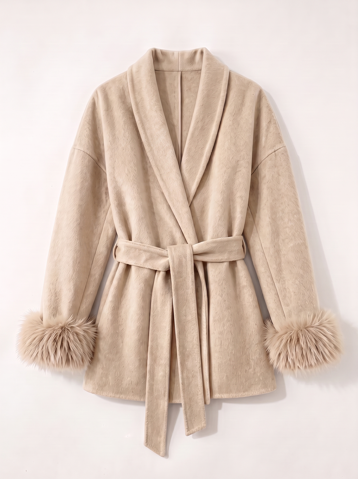 Belted Wool Wrap Coat - Beige - flat lay