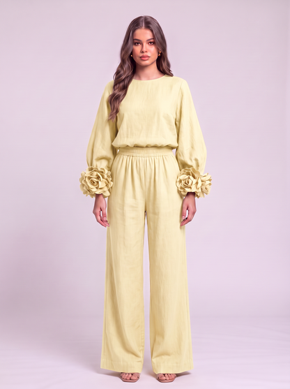 Rosette Cuff Top & Wide Leg Pants Set - Light Yellow