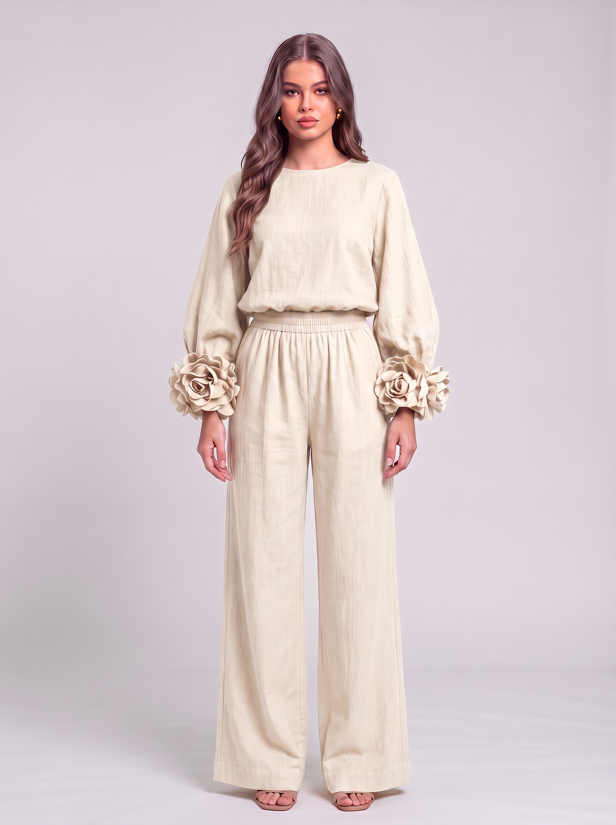 Rosette Cuff Top & Wide Leg Pants Set - Beige