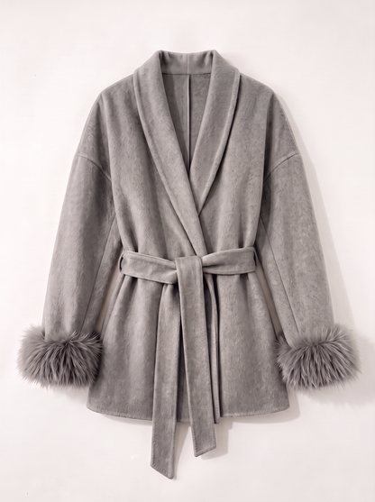 Belted Wool Wrap Coat - Gray - flat lay