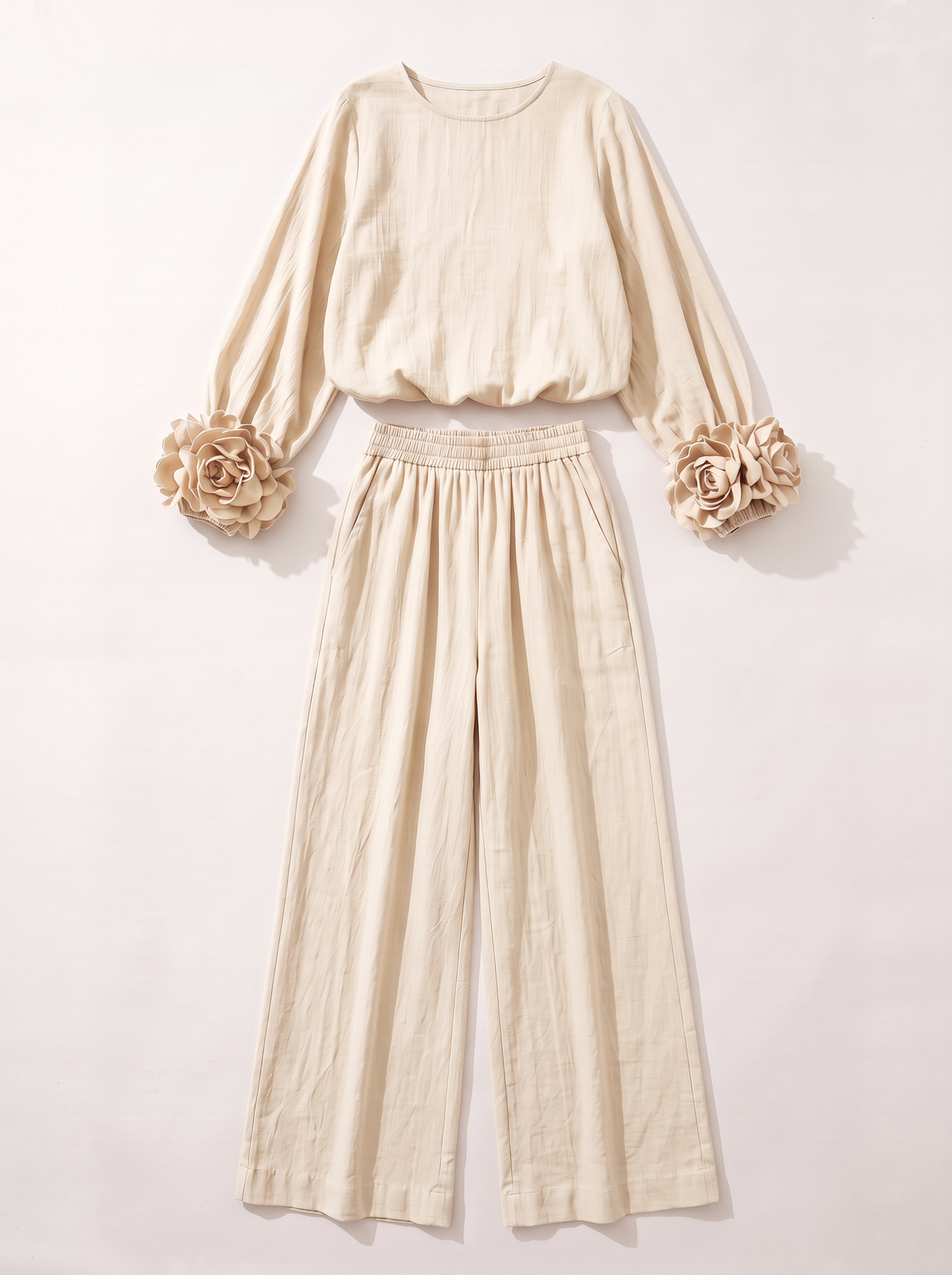 Rosette Cuff Top & Wide Leg Pants Set - Beige - flat lay