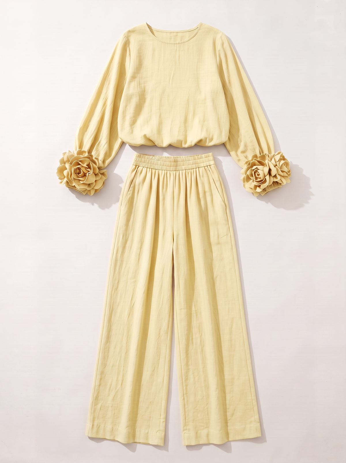 Rosette Cuff Top & Wide Leg Pants Set - Light Yellow - flat lay