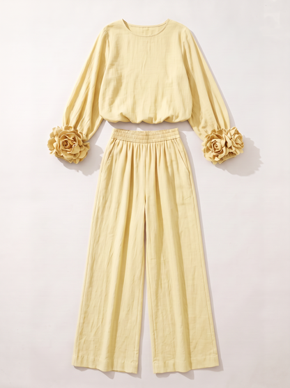 Rosette Cuff Top & Wide Leg Pants Set - Light Yellow - flat lay