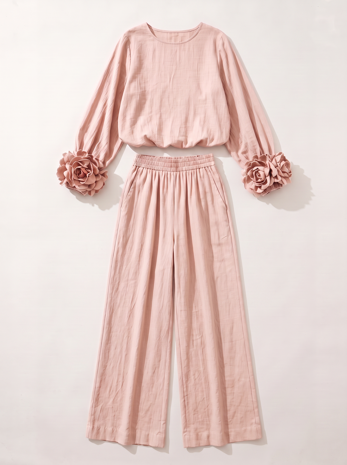 Rosette Cuff Top & Wide Leg Pants Set - Pink - flat lay