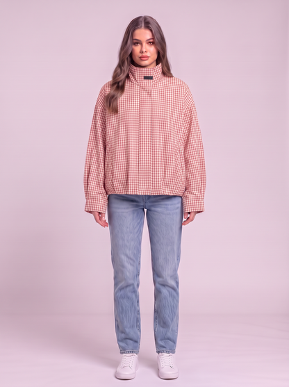 Gingham Cropped Bomber Jacket - Pink
