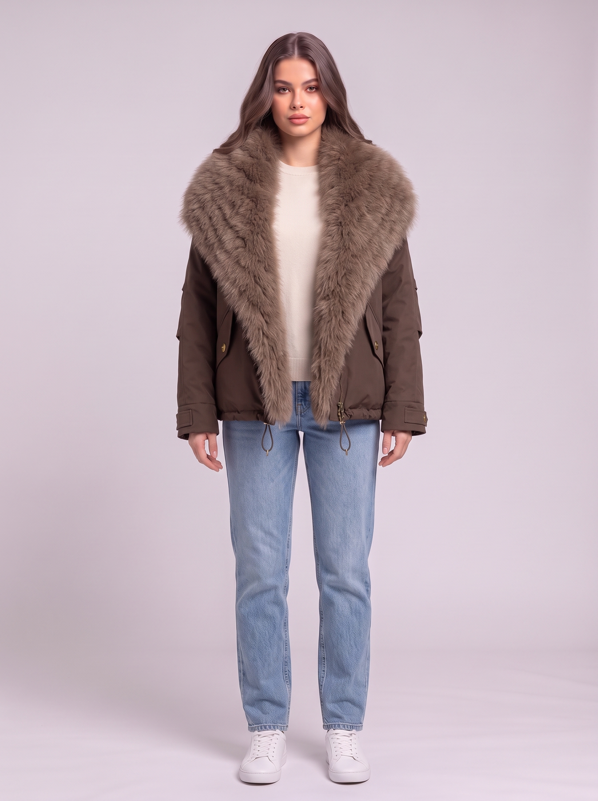 Fox Fur Collar Down Jacket - Coffee
