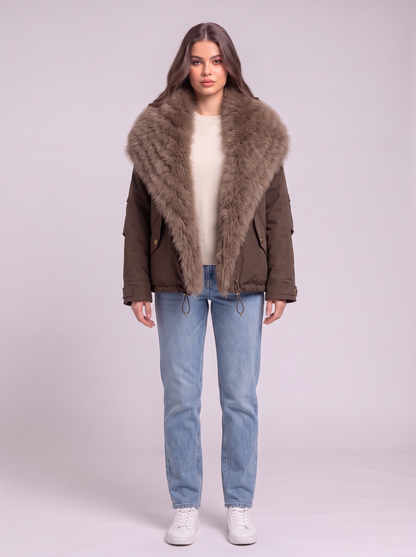 Fox Fur Collar Down Jacket - Coffee