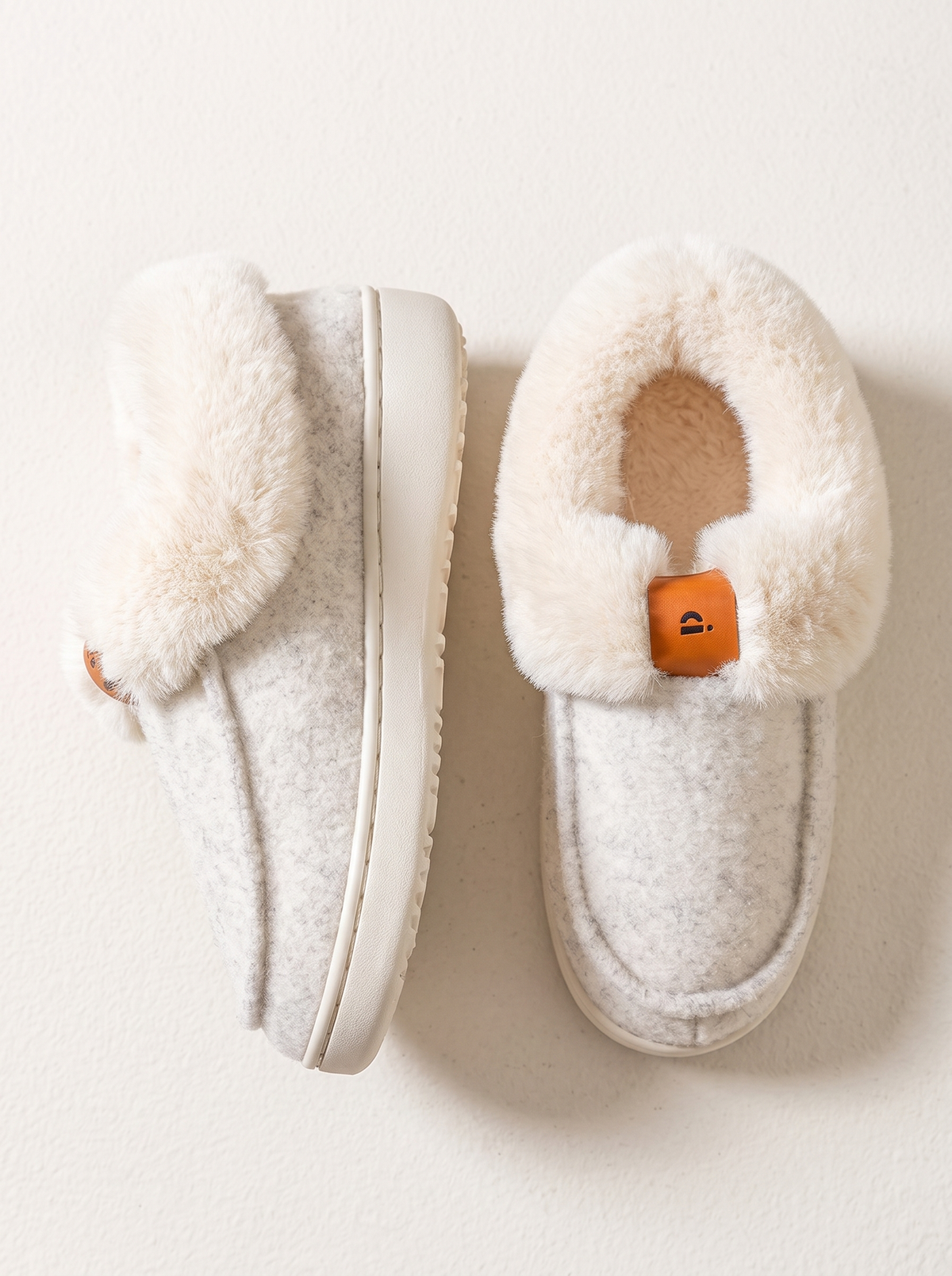 Fluffy Collar Platform Slippers - White - flat lay