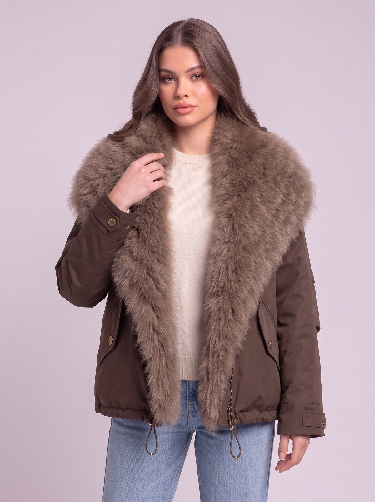 Fox Fur Collar Down Jacket - Coffee - detail