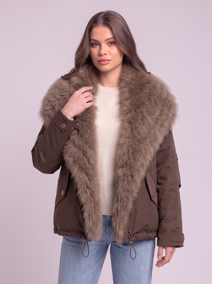 Fox Fur Collar Down Jacket - Coffee - detail