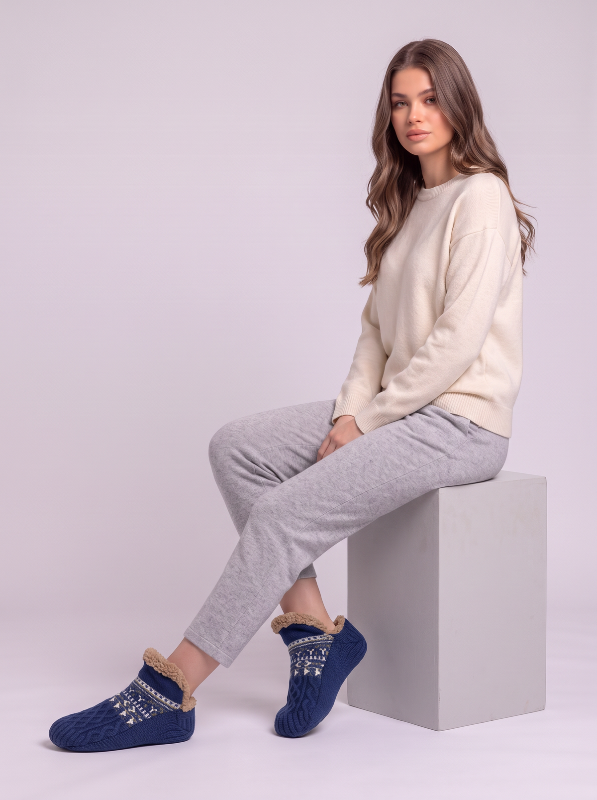 Sherpa Lined Slipper Socks - Blue - side