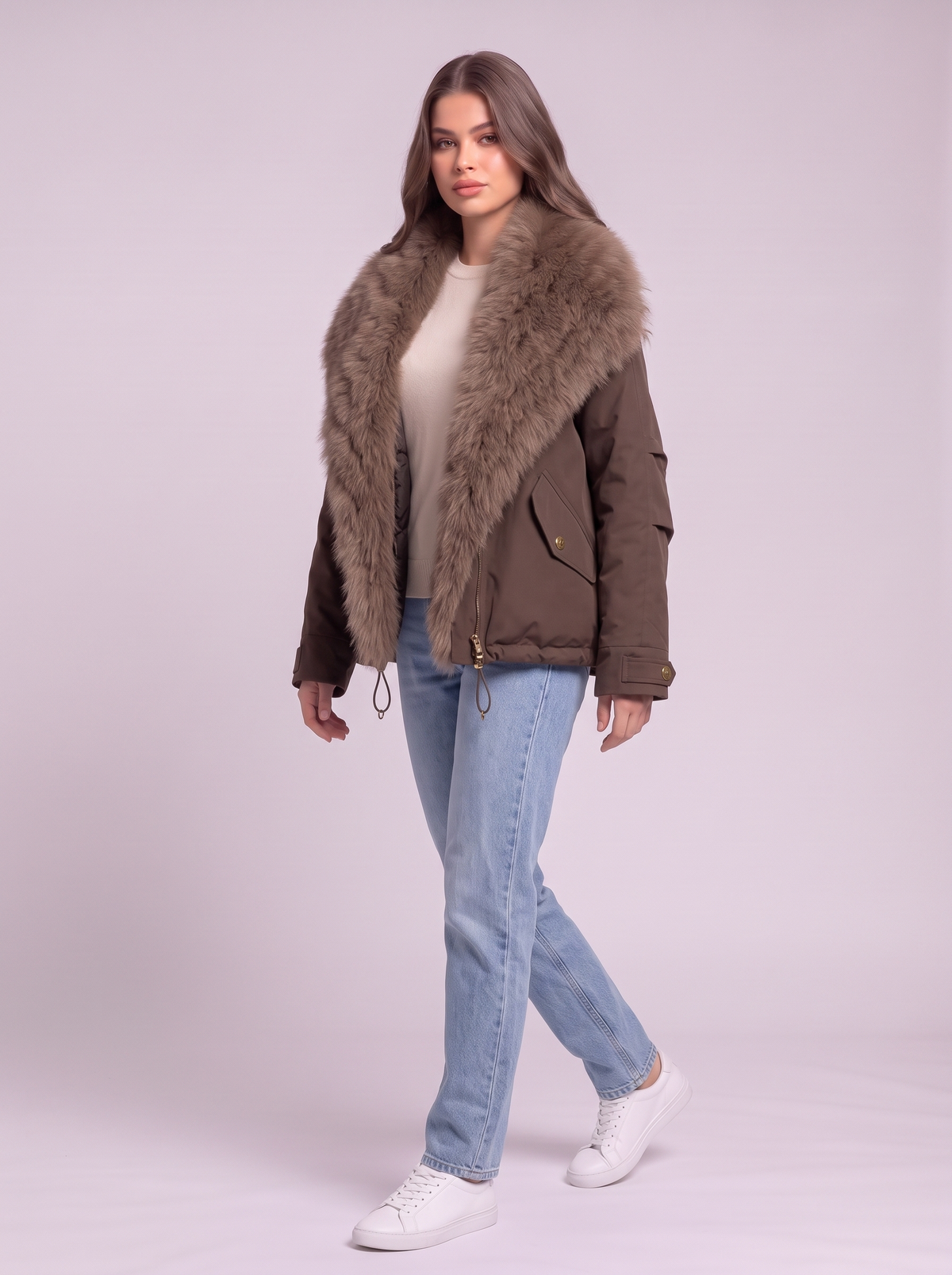 Fox Fur Collar Down Jacket - Coffee - side