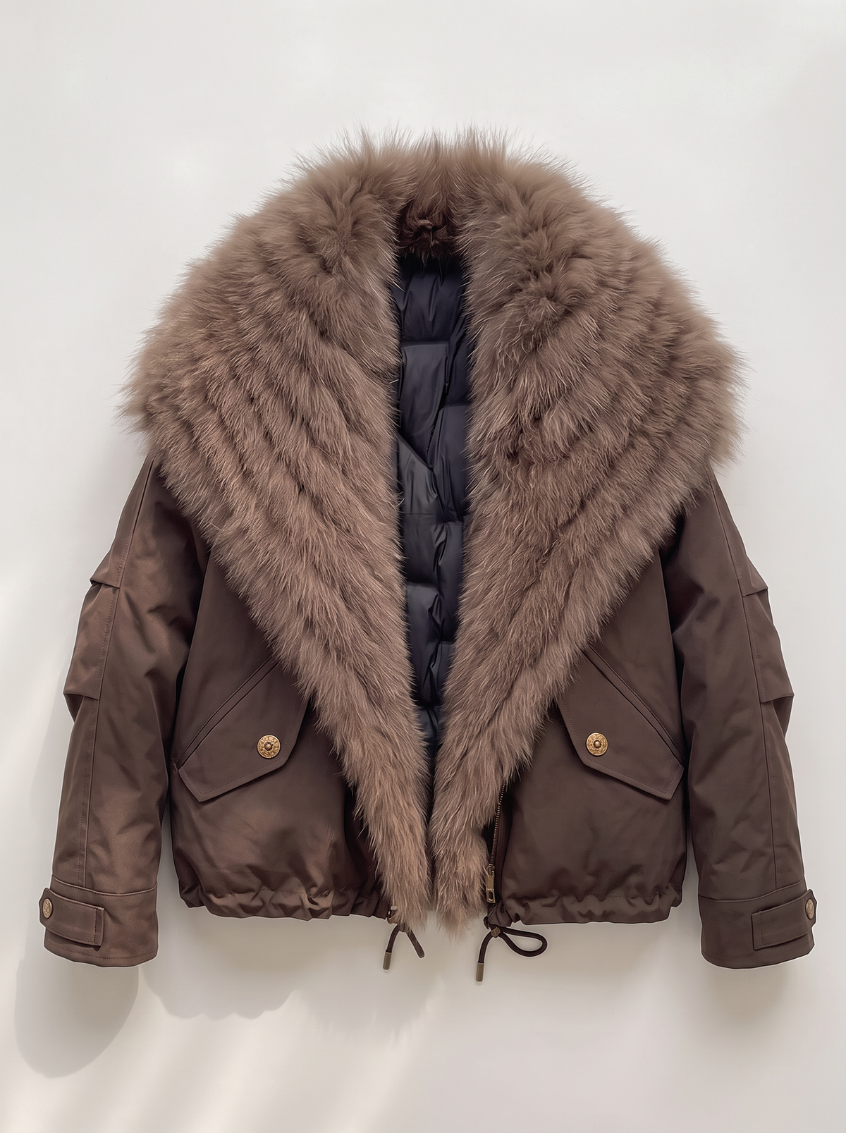 Fox Fur Collar Down Jacket - Coffee - flat lay