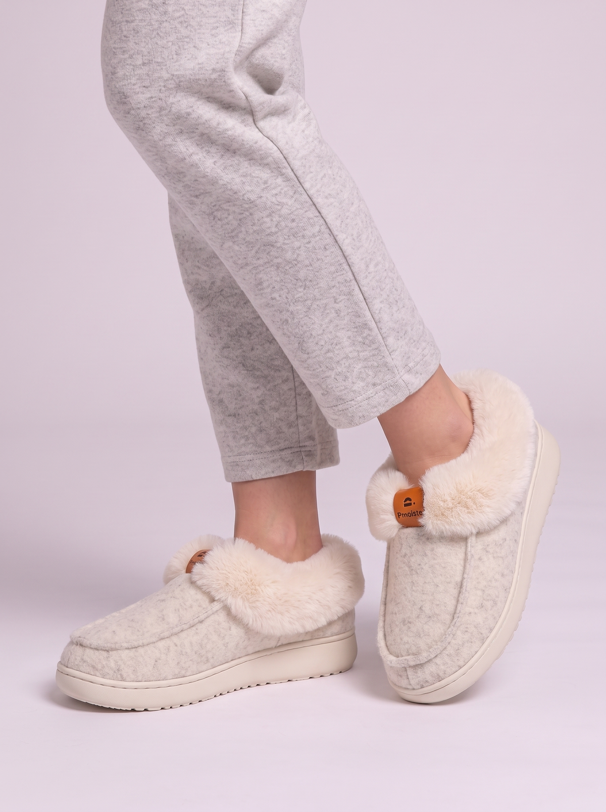 Fluffy Collar Platform Slippers - White - detail