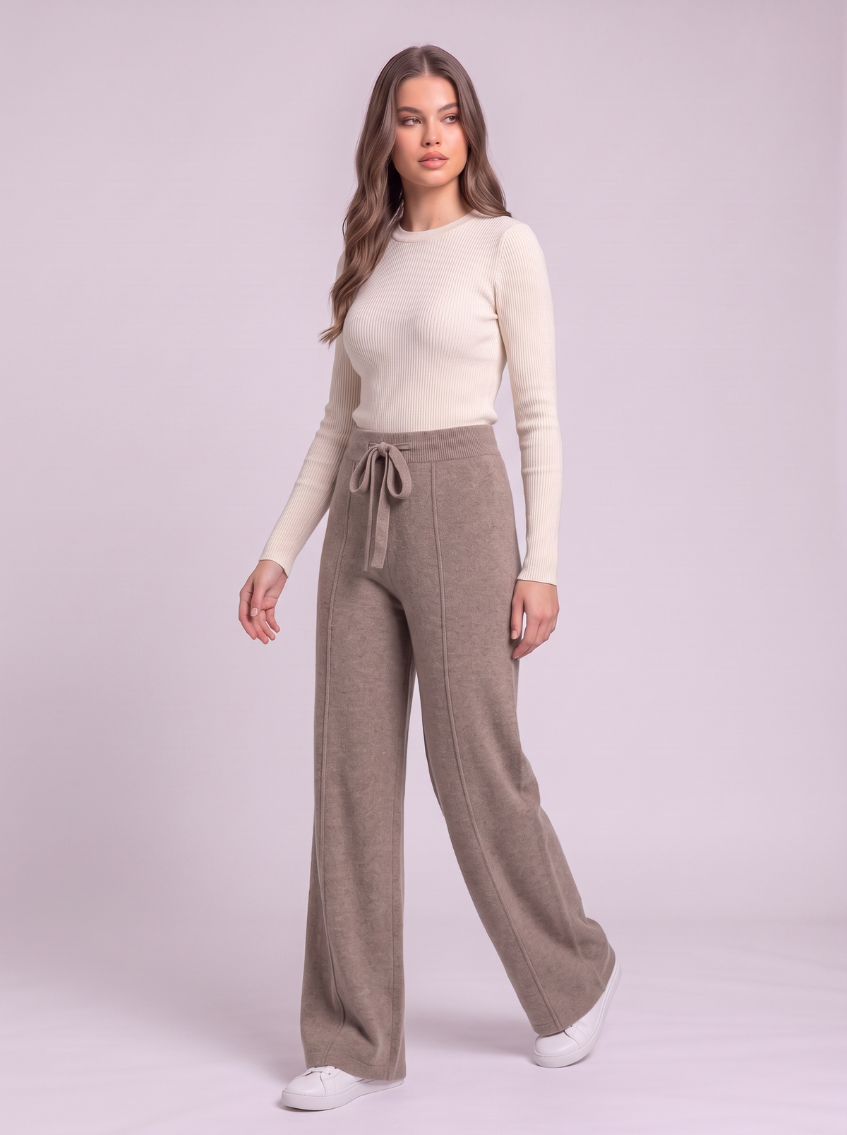 Knit Wide Leg Trousers - Khaki - side