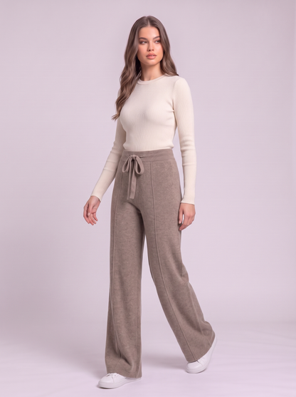 Knit Wide Leg Trousers - Khaki - side