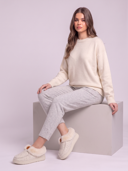 Fluffy Collar Platform Slippers - White - side