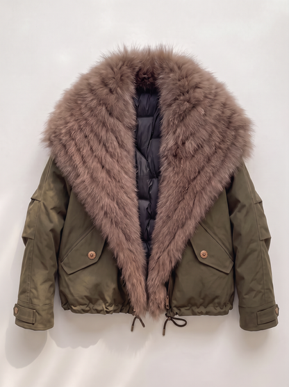 Fox Fur Collar Down Jacket - Green - flat lay