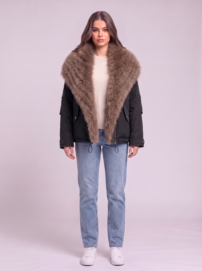 Fox Fur Collar Down Jacket - Black