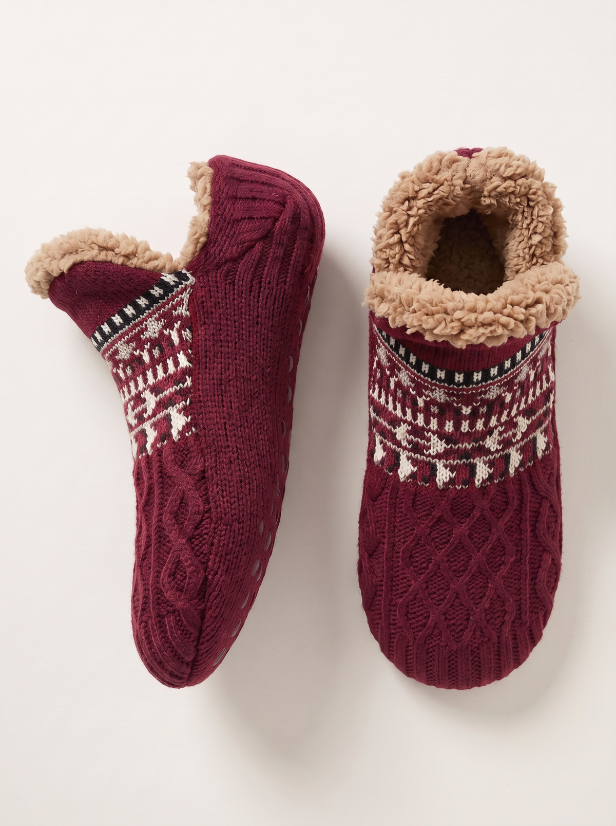 Sherpa Lined Slipper Socks - Wine Red - flat lay