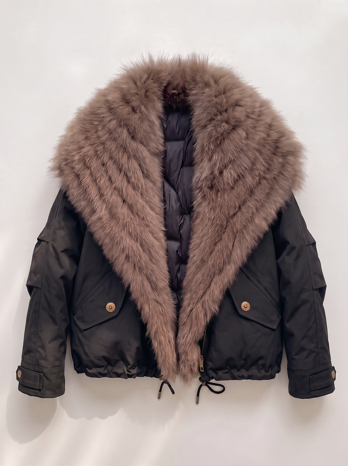 Fox Fur Collar Down Jacket - Black - flat lay