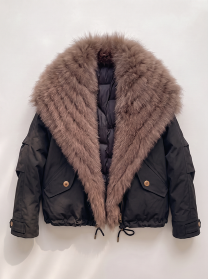 Fox Fur Collar Down Jacket - Black - flat lay
