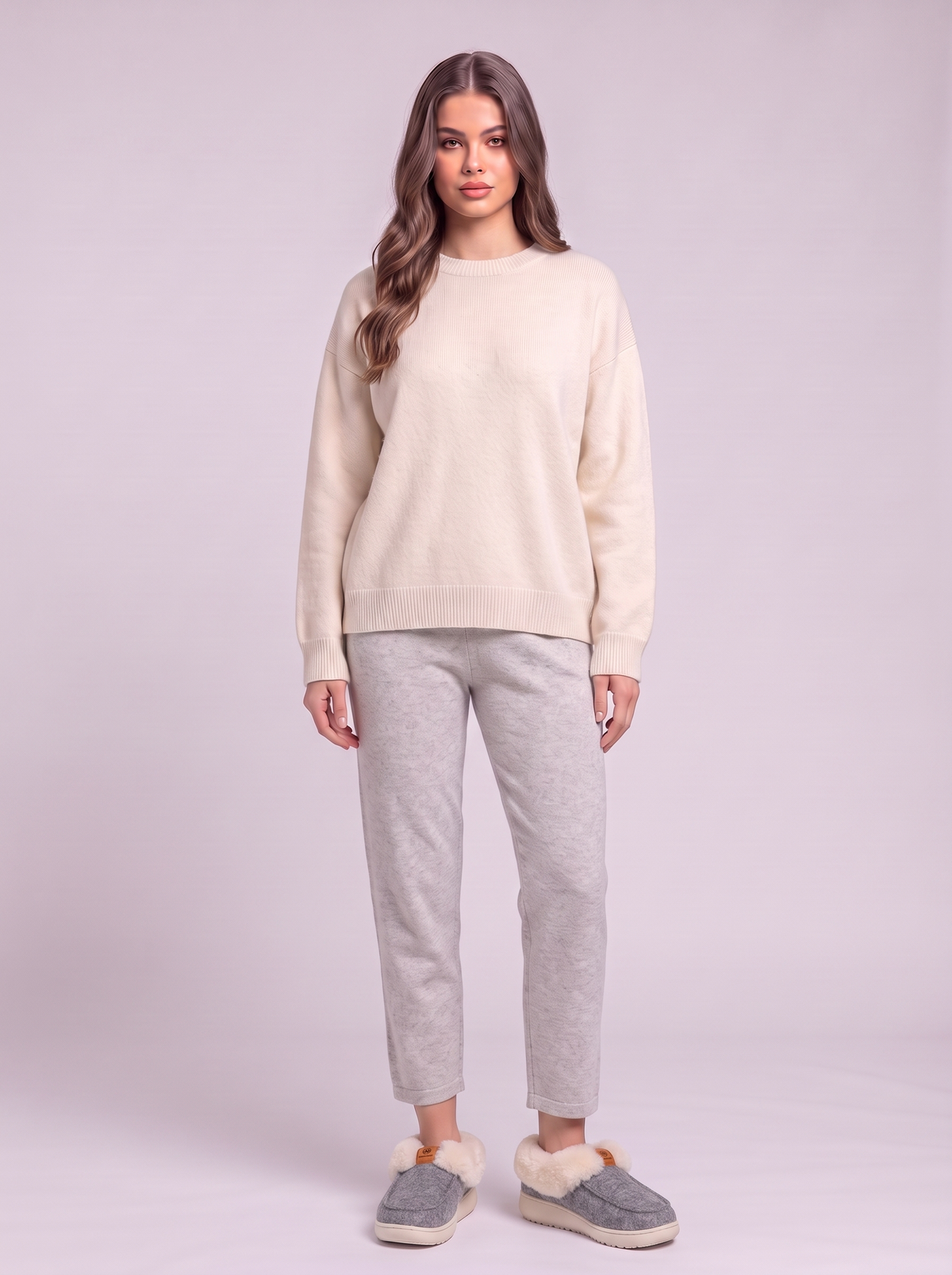 Fluffy Collar Platform Slippers - Gray