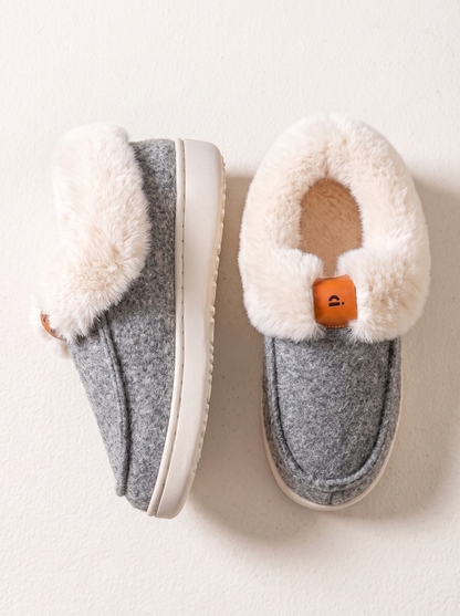 Fluffy Collar Platform Slippers - Gray - flat lay