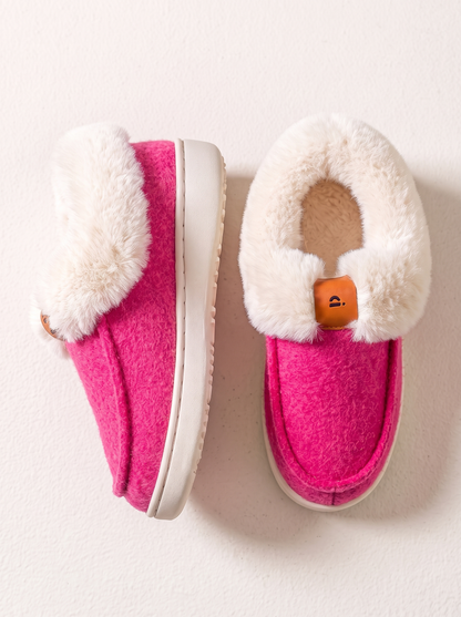 Fluffy Collar Platform Slippers - Neon Pink - flat lay