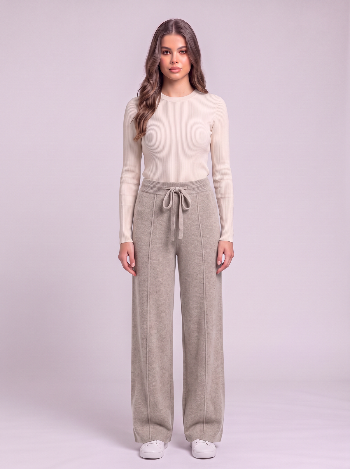 Knit Wide Leg Trousers - Beige