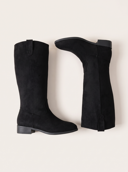 Round Toe Suede Boots - Black - flat lay