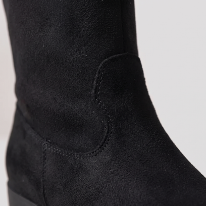 Round Toe Suede Boots - Black - close-up