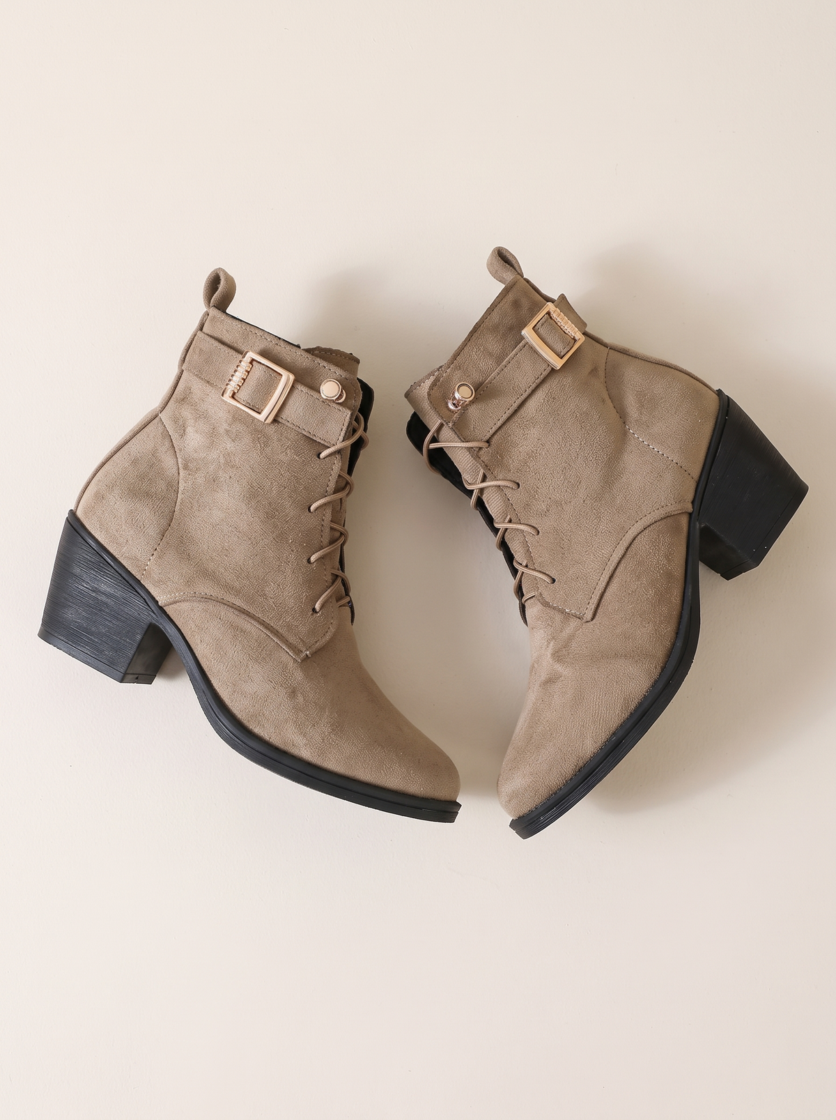 Round Toe Block Heels Boots - Khaki - flat lay