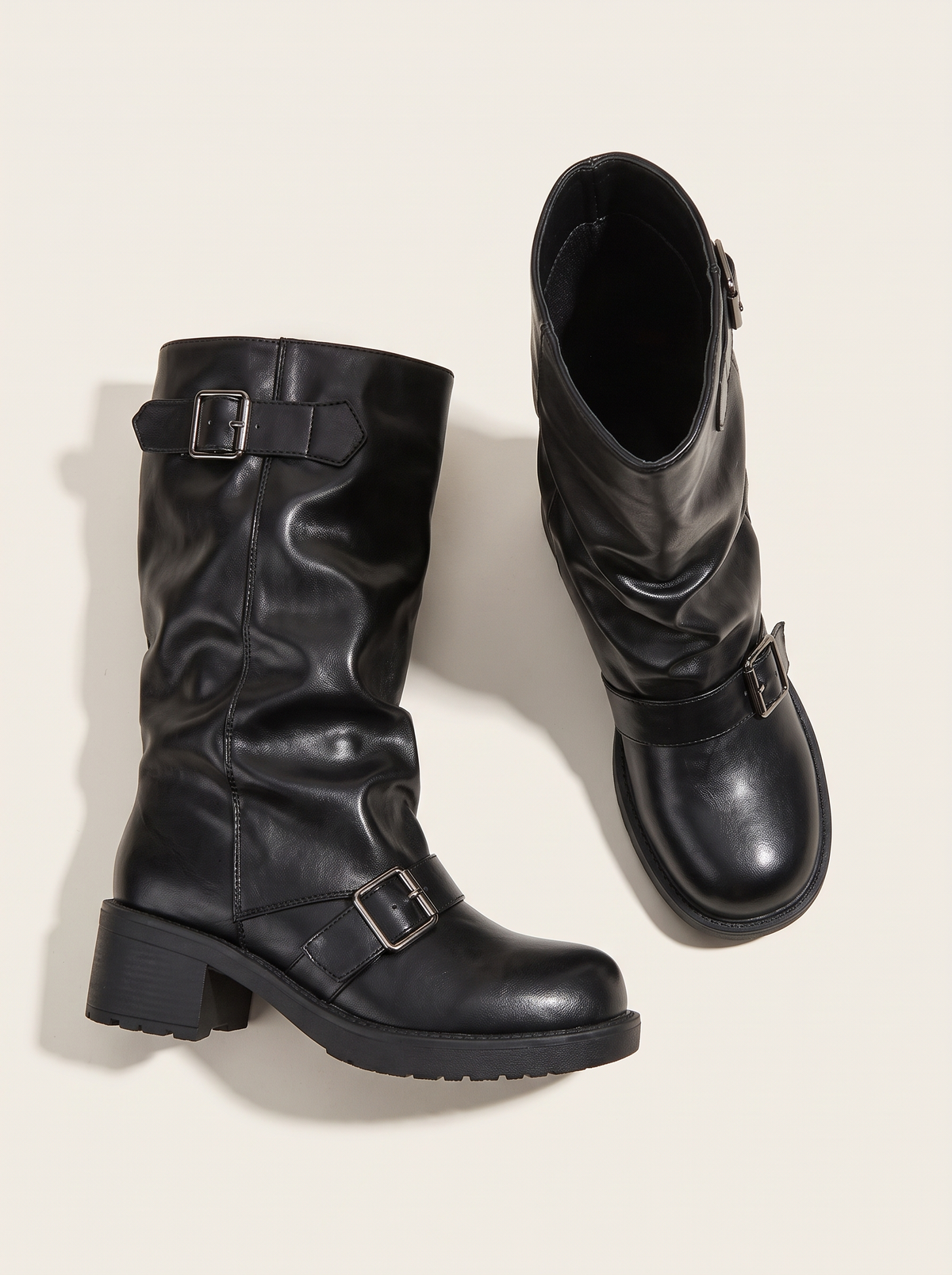 Round Toe Block Heels Boots - Black - flat lay