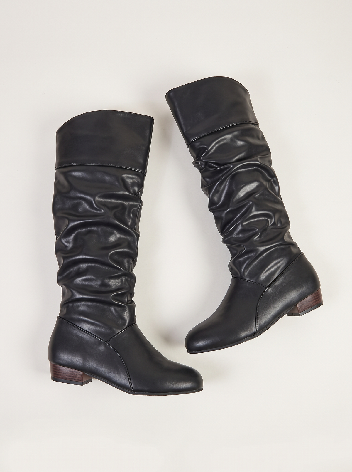 Ruched Knee-High Low Block Heel Boots - Black - flat lay