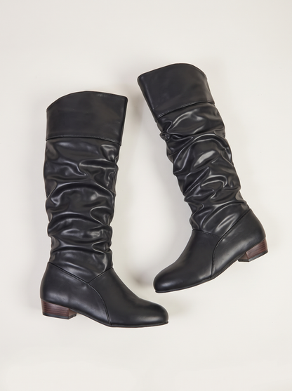 Ruched Knee-High Low Block Heel Boots - Black - flat lay