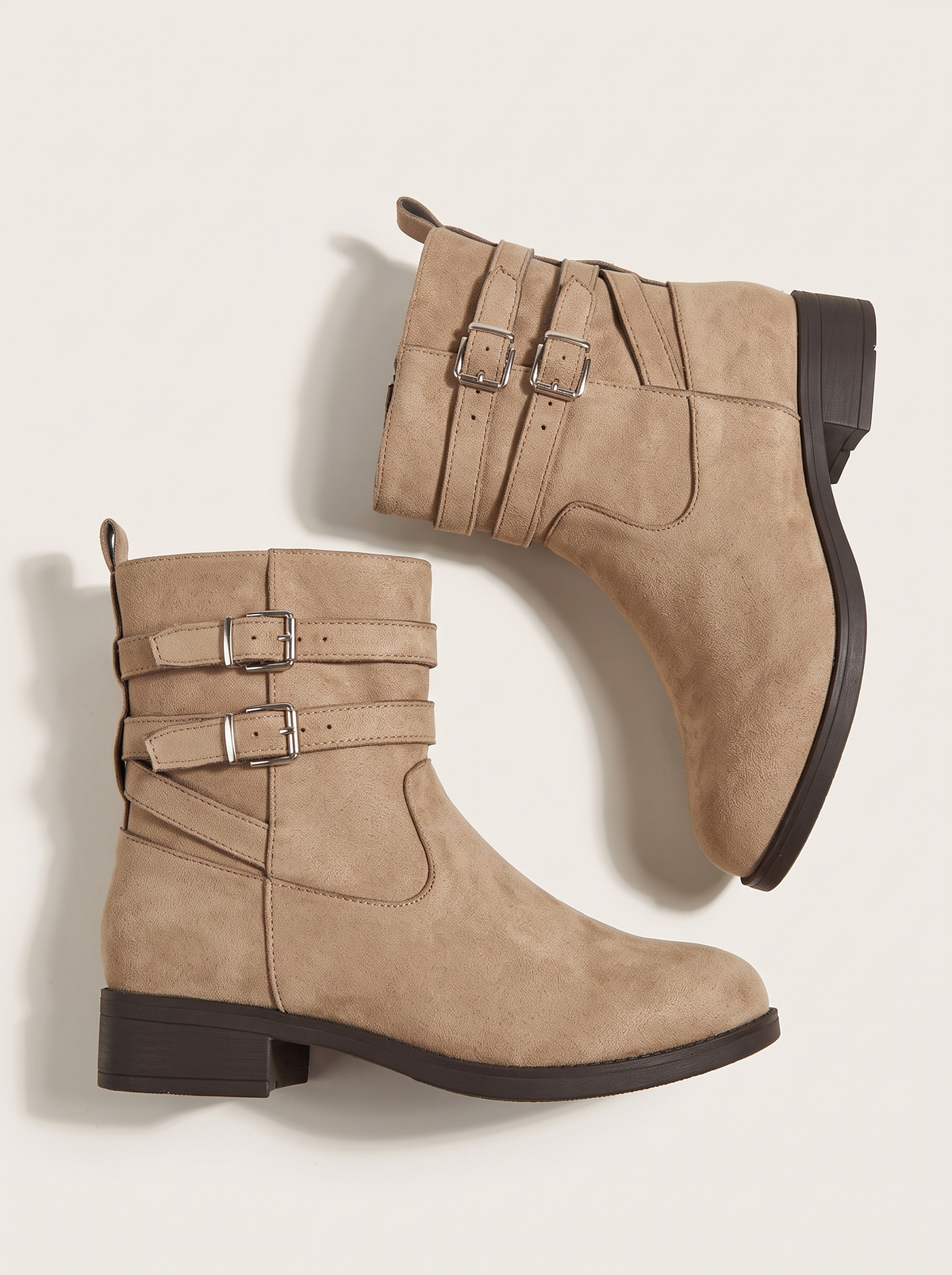 Round Toe Block Heels Boots - Khaki - flat lay