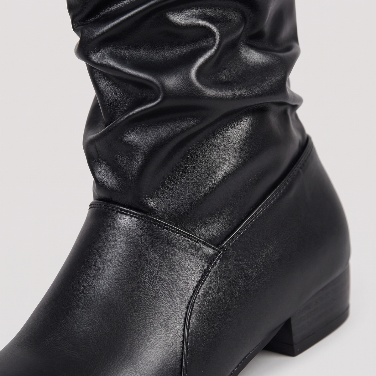Ruched Knee-High Low Block Heel Boots - Black - close-up