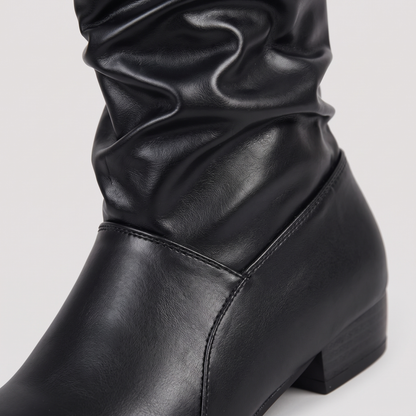 Ruched Knee-High Low Block Heel Boots - Black - close-up