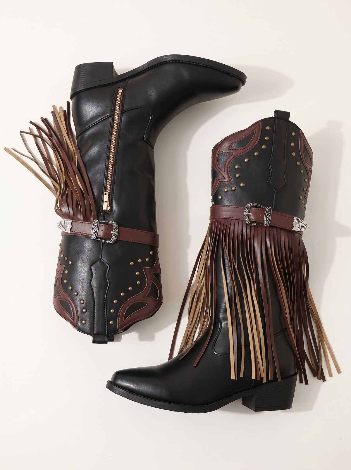 Fringe Block Heel Boots - Black - flat lay