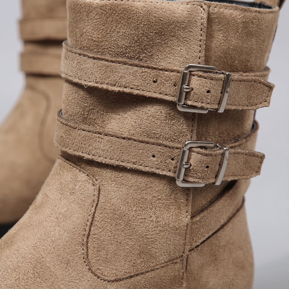 Round Toe Block Heels Boots - Khaki - close-up