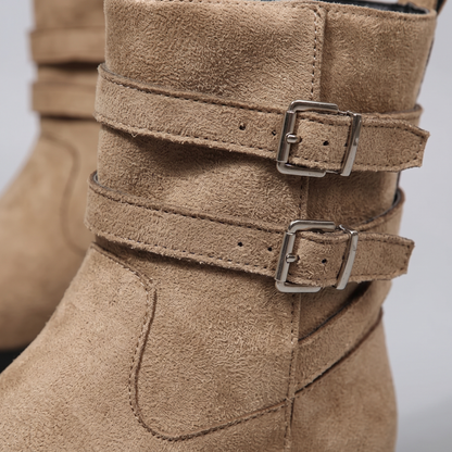 Round Toe Block Heels Boots - Khaki - close-up