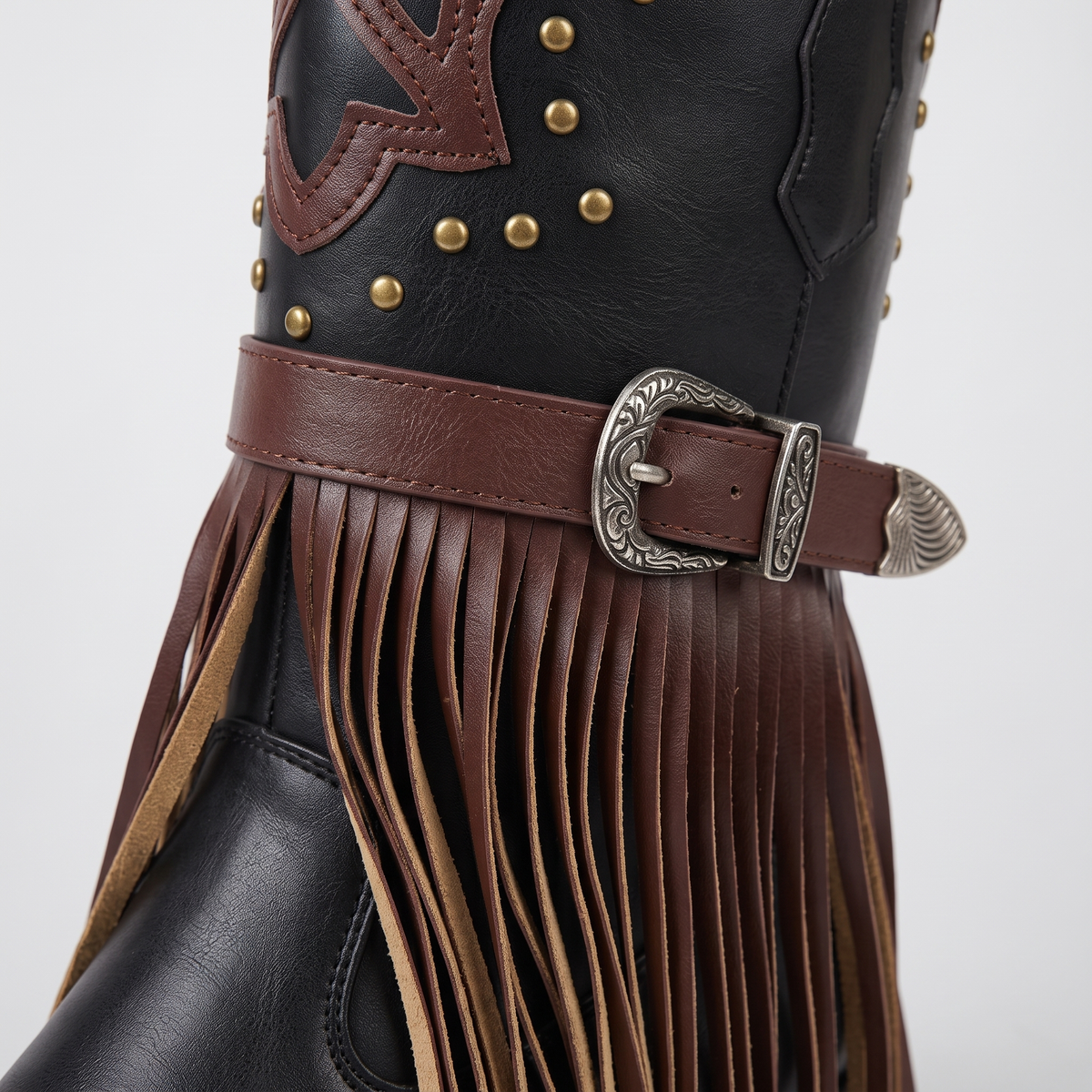 Fringe Block Heel Boots - Black - close-up